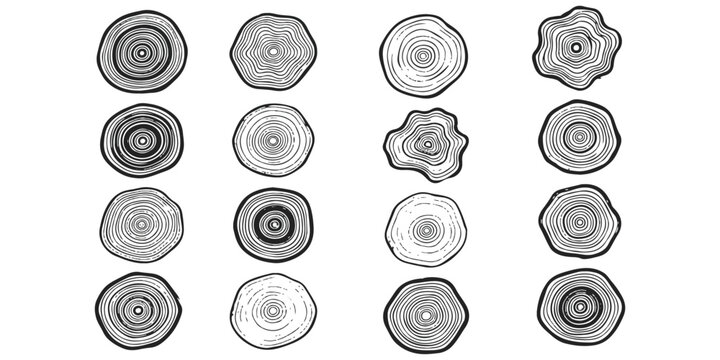 Set of black and white tree rings icons showing wood grain texture patterns