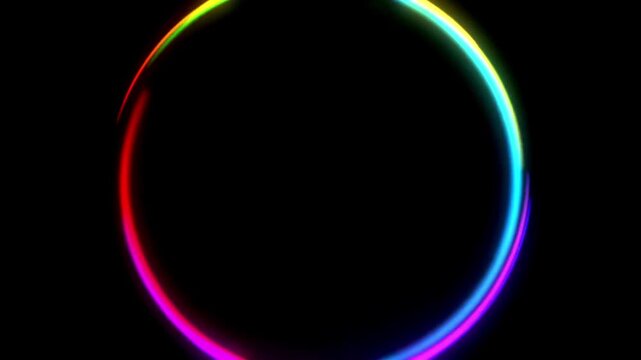Multi colored neon circles shrinking down to a point and then expanding into a beautiful bright flower shape.