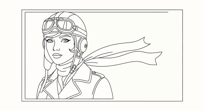 Vintage Aviator Woman Portrait, Retro Pilot Girl with Goggles and Scarf, Line Art
