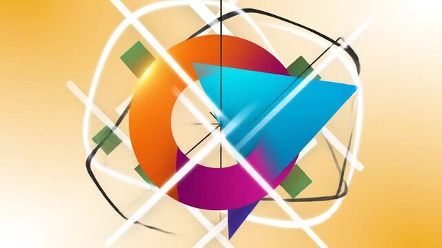 Abstract motion graphics with spinning colorful geometric shapes and grids