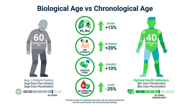 Biological Age vs Chronological Age Vector Infographic with Health and Longevity Metrics