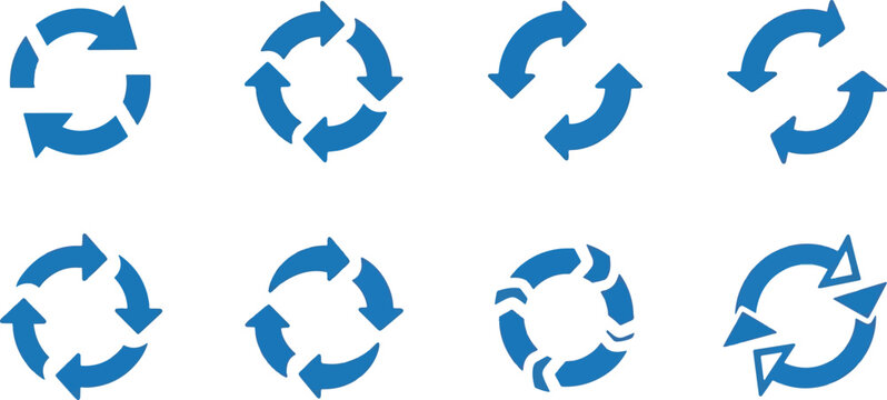 Blue Rotation Arrow Icons Set, Vector Circular Refresh, Reload, Reset, and Loop Process Symbols Isolated on White Background