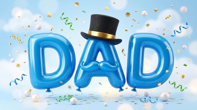 Blue dad balloon letters with a top hat and mustache for fathers day