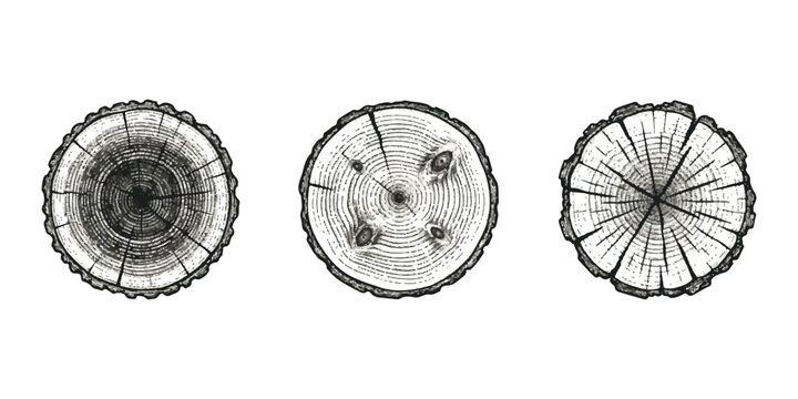 Three different tree stump cross sections with detailed growth rings in hand drawn sketch style