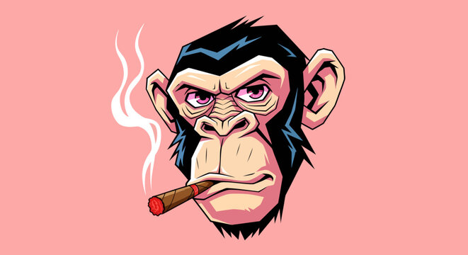 A cartoon monkey smokes a cigar with an annoyed expression on its face.