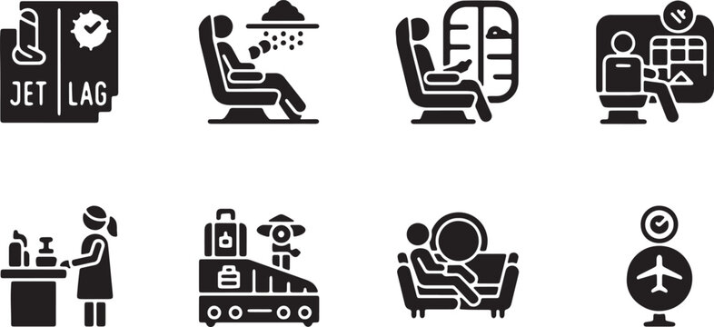 Airport Airport Lounge and Jet Lag Management Icon Set, Vector Solid Glyphs for Business Class Travel and Passenger Comfort