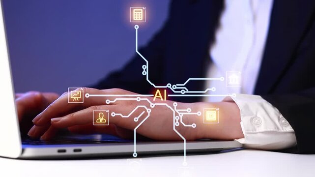 Hands work on a laptop with digital icons representing artificial intelligence at a desk in an office setting.