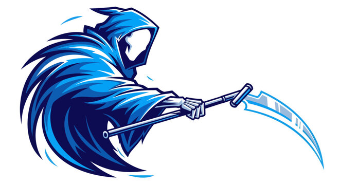 Illustration of grim reaper wielding scythe in blue hues
