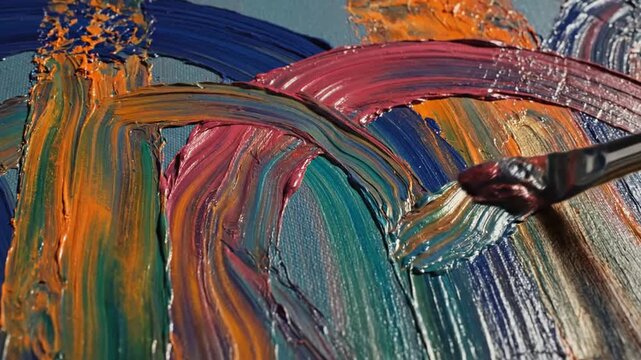 Artist applying thick colorful oil paint with brush on canvas macro shot of abstract painting process with vibrant impasto strokes