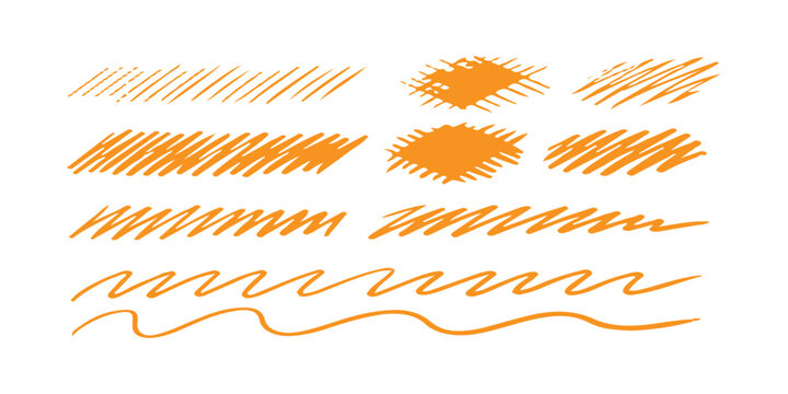 Set of orange and yellow hand drawn scribble shapes and wavy lines