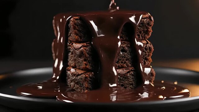 Rich chocolate fudge pouring over a stack of fresh baked chocolate brownies