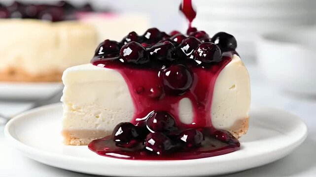 Pouring sweet blueberry compote sauce over a slice of classic baked cheesecake