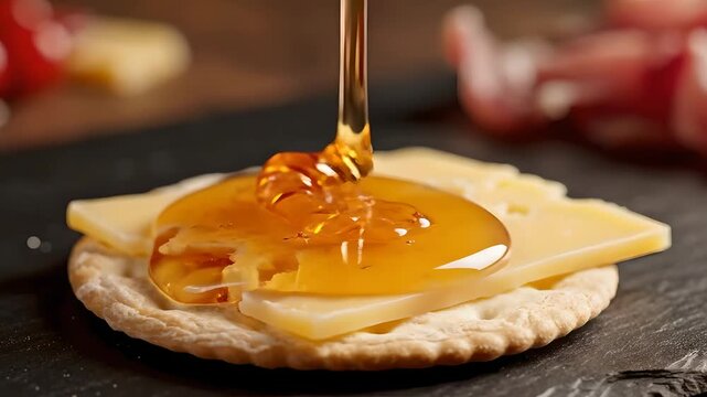 Macro shot of sweet golden honey drizzling onto a savory cheese and cracker