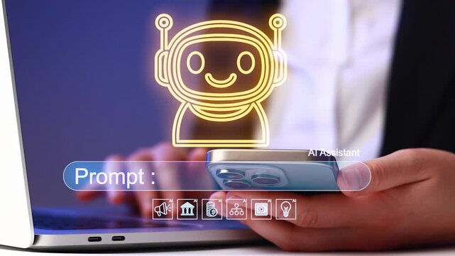 Modern technology shows a person using a smartphone while interacting with an AI assistant graphic on a laptop screen.