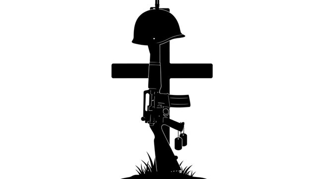 Silhouette of a military memorial cross with helmet rifle and dog tags on a white background symbolizing remembrance and sacrifice