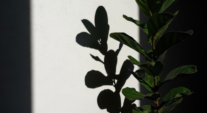Fiddle Leaf Fig Leaves Casting Bold Dark Shadows on a Textured White Wall
