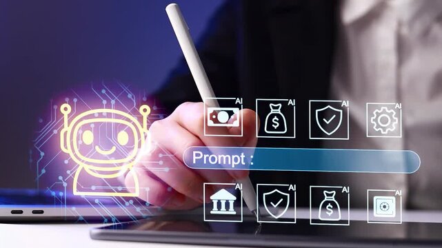 User interacts with digital interface while writing prompt using stylus on tablet in modern workspace.