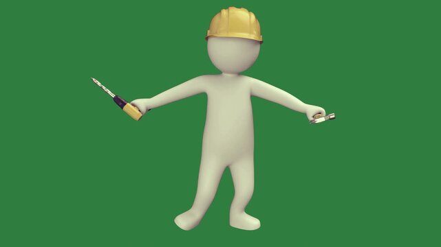 person hard hat holding hammer 3d man tool cell phone paint roller green screen animated chromakey background figure motion style emotion scene composition expression layers
