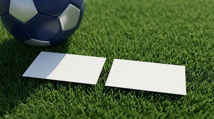A soccer ball rests on green grass beside two white business cards.