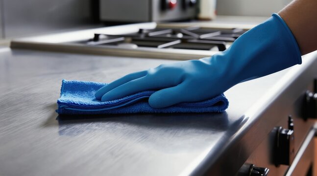 Hand in blue glove wipes down shiny metal kitchen counter surface with microfiber cloth. Focus on hygiene and cleanliness in pro food service area. Careful wipe.