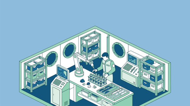 Isometric office workspace layout vector illustration with desks computers and cutaway plan.
