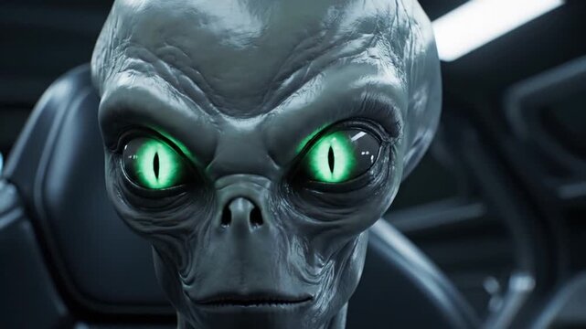 Close-up of an alien with glowing green eyes, sci-fi concept, detailed face, mysterious extraterrestrial creature.