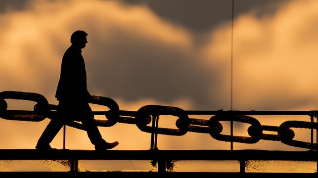 backlighting. A powerful silhouette of a figure against a sunset sky with abstract chain symbolism. inspiring travel planning, wellbeing guides, designed for coaching and self-improvement content.