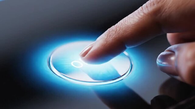Human finger pressing a glowing blue digital open button on a sleek touchscreen interface in a macro close up shot.