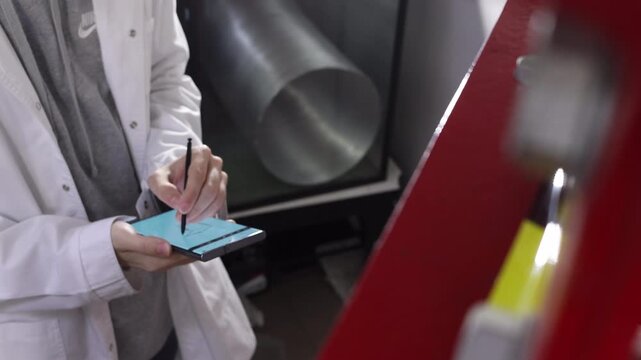 Close up of hands drawing blueprint sketch of hydraulic press on smartphone with stylus
