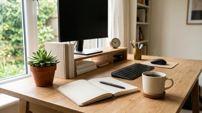 Cozy Home Office Desk Setup: Wooden Table with Computer Monitor, Notebook, and Warm Cup of Coffee