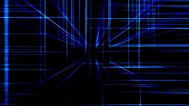 Cyberpunk grid showing a three dimensional perspective tunnel of glowing blue neon lines on a dark background.