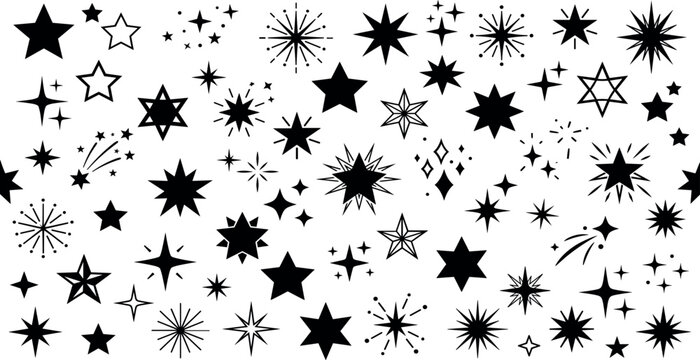 Sparkle and Starburst Icon Mega Collection with Black Silhouette Geometric Twinkle Stars Fireworks and Comet Shapes for Celestial Graphic Design Elements
