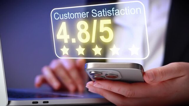Customer satisfaction score of 4.8 out of 5 shown on a smartphone in a business setting.