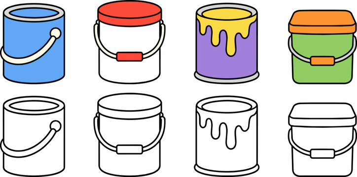 Illustration of various paint buckets in color and outline styles, displaying different lid colors and dripping paint effects.
