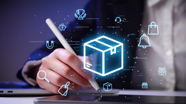 Business professional using digital tools to manage delivery and inventory tasks in an office setting in the evening hours.