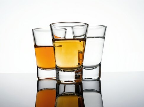 Three shot glasses filled with different alcoholic beverages stand on a reflective surface. Two glasses contain amber liquids, one clear. The backdrop is pure white.