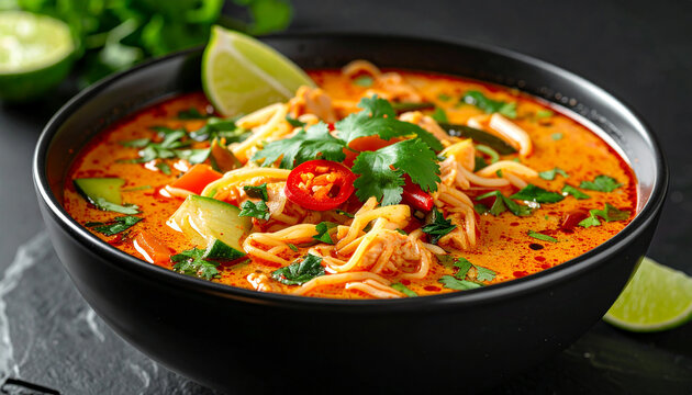 Thai red curry noodle soup in black stone bowl, tender noodles with fresh vegetables and lime wedges, garnished with coriander, cooking and recipe concept. Close-up.