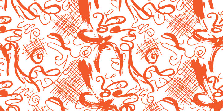 Abstract seamless pattern with hand drawn orange squiggles and crosshatch lines