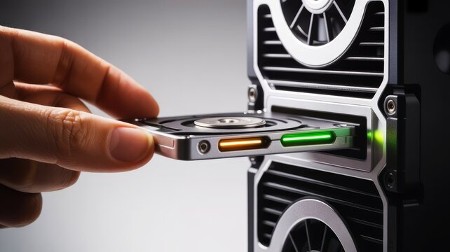 A hand is inserting a device into a high-tech graphics card, featuring colorful lights and intricate design elements.