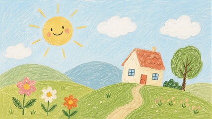Naklejka premium Drawing of a house in a field with a smiling sun done with wax crayons. Children art style landscape. Concept of home comfort, nature, childhood imagination and creativity for design