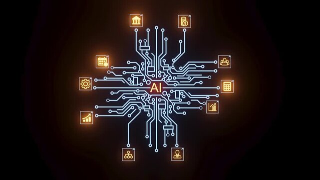 Network of lines and icons shows different aspects of artificial intelligence in a digital design at night.