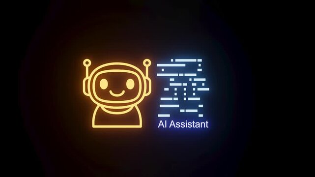 AI assistant graphic shows a robot with headphones and digital code that represents technology and support for users.