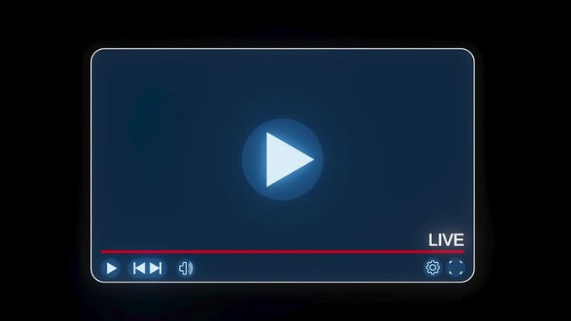 Streaming video player interface showing options and a play button, designed for live broadcasting and viewing content online.