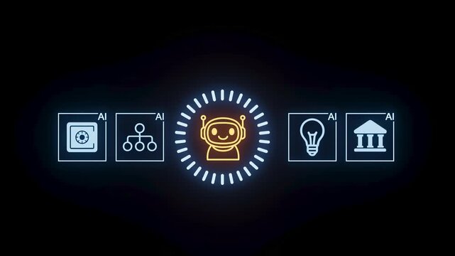 Exploration of AI features in finance with icons showing tasks for secure banking and data management.