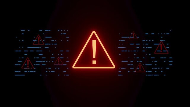 Warning symbol appears on dark background with digital patterns showing alerts and notifications in action.