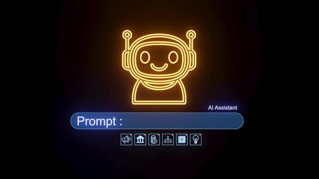 Chat-based AI assistant displays user prompt in bright neon colors on a dark background in a digital environment during a tech presentation.