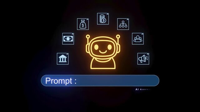 AI assistant interacting with various icons representing different tasks and services in a digital workspace.