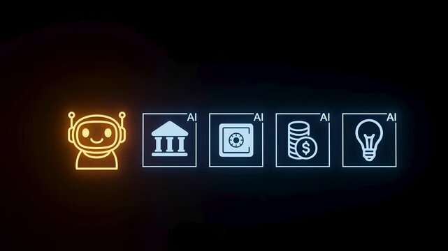 Icons show different AI applications in various fields such as finance, banking, and innovation.
