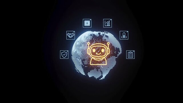 Cyborg character engages with global data on a digital screen at night with various icons and a glowing world map.