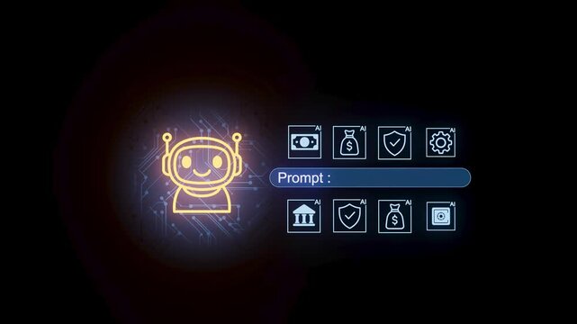 Robot character with icons on a dark background showing various symbols for finance and security.